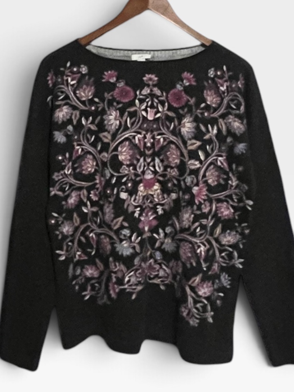 J. Jill Black Crewneck Sweater with Pink and Mauve Floral Embroidery